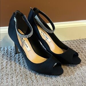 Nina Black Suede Heels with Rhinestone Ankle Strap